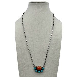 925 Sterling Silver Natural Kingman Turquoise & Orange Spiny Cluster Necklace